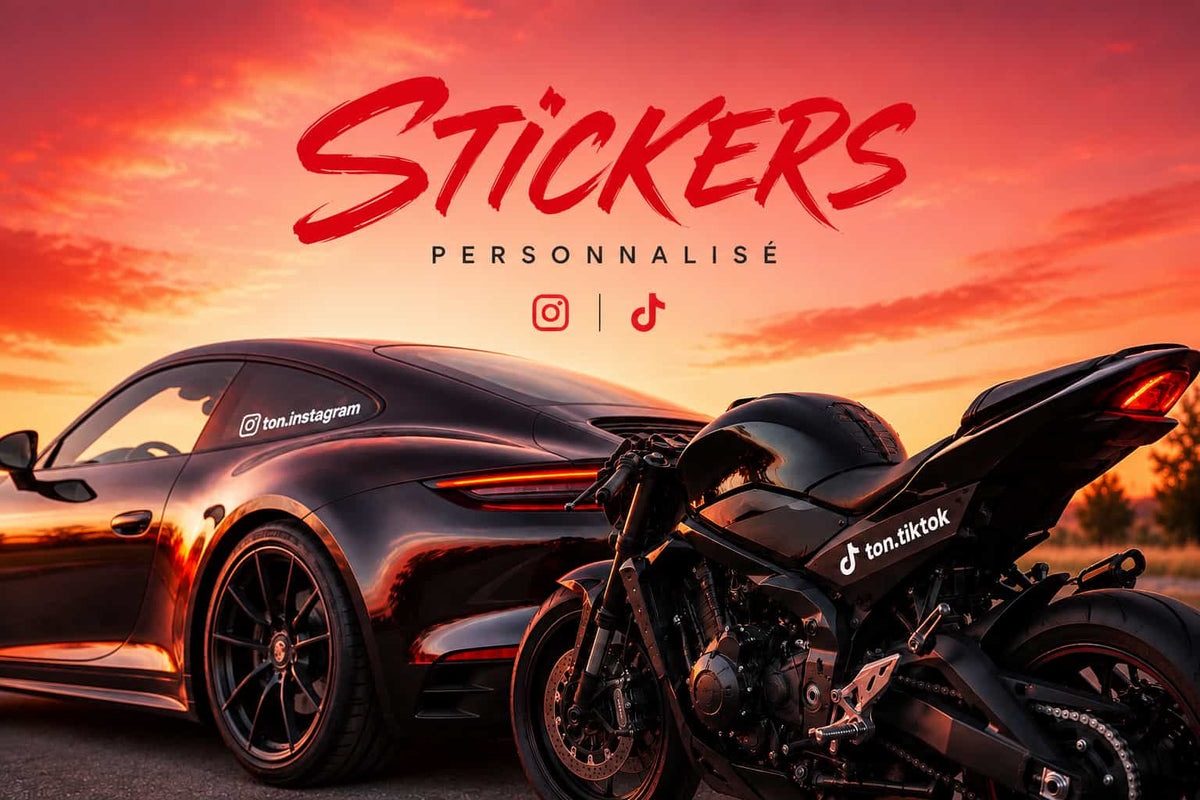 Stickers personnalisés en vinyle premium pour voiture, moto, casque et vitres. Personnalisation Instagram, TikTok et bandeaux pare-brise sur CLCustoms.